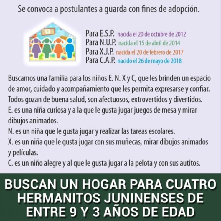 Buscan un hogar para cuatro hermanitos juninenses de entre 9 y 3 años de edad