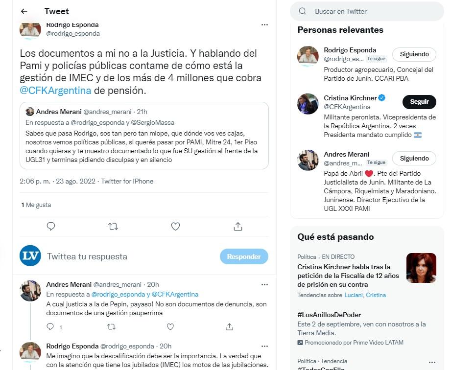 Duro cruce de Merani y Esponda en redes sociales