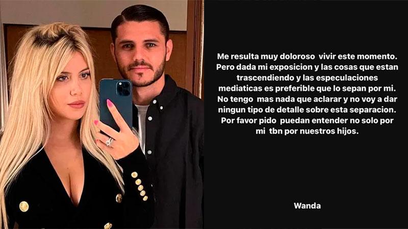 Wanda Nara confirmó su separación con Mauro Icardi: “Es doloroso este momento”